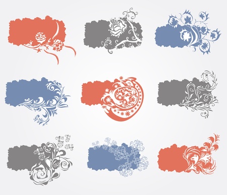 set of 9 hand drawn decorative floral bannersのイラスト素材