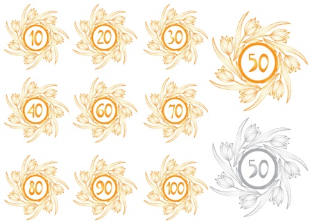 set of 10 golden floral anniversary bannersのイラスト素材