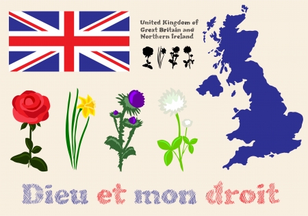 set of floral symbols of United Kingdom of Great Britain and Northern Ireland, flag, map and sloganのイラスト素材