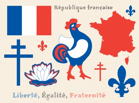 set of principal symbols of French Republic, flag, map and sloganのイラスト素材