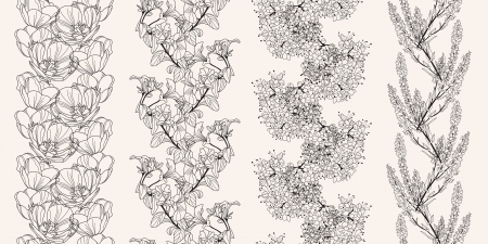 set of 4 floral seamless patterns with decorative tulips, viola, cherry blossomのイラスト素材