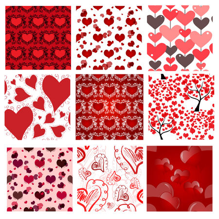 set of 9 romantic seamless patterns with decorative hearts, design elementのイラスト素材