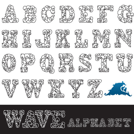 hand drawn decorative alphabet letters with waves, design elementのイラスト素材