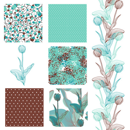 set of 6 elegant seamless patterns with decorative tulips, dots, curls and abstract flowers, design elementsのイラスト素材