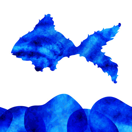 decorative watercolor fish with blue water, design elementのイラスト素材