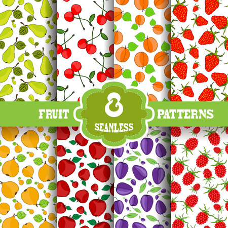 Set of 8 elegant seamless patterns with decorative fruits, design elements. Fruit patterns for invitations, greeting cards, scrapbooking, print, gift wrap, manufacturing. Food backgroundsのイラスト素材