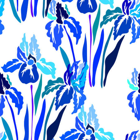 Elegant seamless pattern with hand drawn decorative bright iris flowers, design elements. Beautiful floral background. Floral pattern for wedding invitations, greeting cards, scrapbooking, print, gift wrap, manufacturing.のイラスト素材