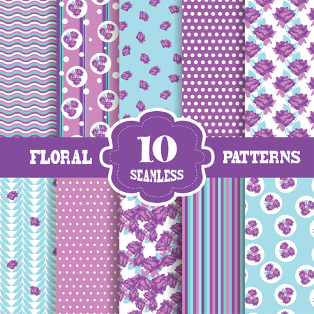 Set of 10 elegant seamless patterns with hand drawn decorative flowers, design elements. Floral patterns for wedding invitations, greeting cards, scrapbooking, print, gift wrap, manufacturing.のイラスト素材