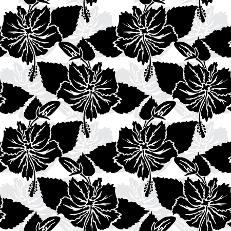 Elegant seamless pattern with hand drawn decorative hibiscus flowers, design elements.  のイラスト素材