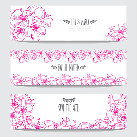Elegant cards with floral cherry blossom bouquets, design elements. Can be used for wedding, baby shower, mothers day, valentines day, birthday cards, invitations. Vintage decorative flowers.のイラスト素材