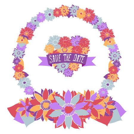 Elegant floral frame with heart and save the date banner, design elements. Can be used for wedding, baby shower, mothers day, valentines day, birthday cards, invitations. Vintage decorative flowers.のイラスト素材