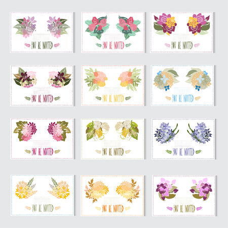 12 elegant cards with floral bouquets, design elements. Can be used for wedding, baby shower, mothers day, valentines day, birthday cards, invitations. Vintage decorative flowers.のイラスト素材