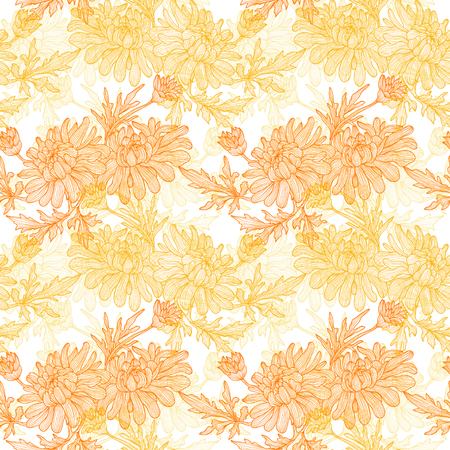 Elegant seamless pattern with hand drawn decorative chrysanthemum flowers, design elements. のイラスト素材