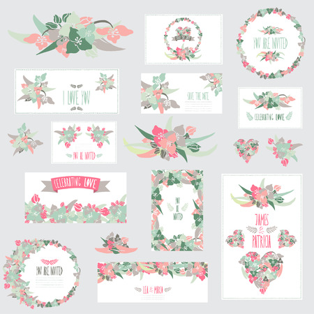 Elegant cards with floral lily bouquets, hearts and wreath, design elements. のイラスト素材
