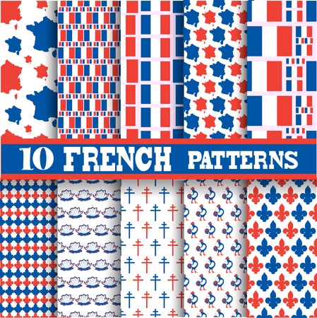 Elegant seamless patterns with principal symbols of French Republic, map and flag, design elements. Can be used for invitations, greeting cards, scrapbooking, print, gift wrap, manufacturing.のイラスト素材