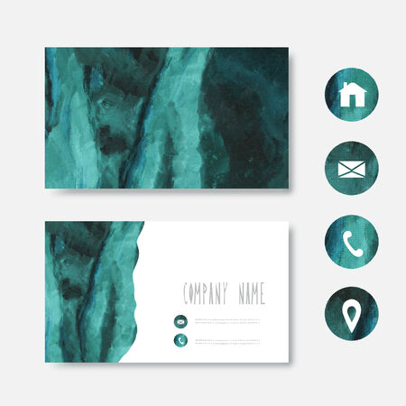 Oil painted green business card template, design element. Can be used also for greeting cards, banners, invitations. Vectorized watercolor backgroundのイラスト素材