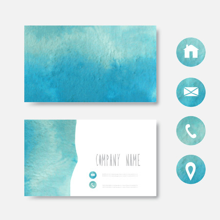 Watercolor azure blue business card template, design element. Can be used also for greeting cards, banners, invitations. Vectorized watercolor backgroundのイラスト素材