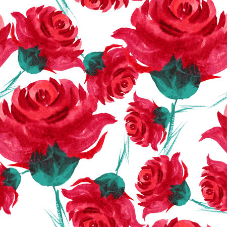 Elegant seamless pattern with watercolor painted red rose flowers, design elements. Floral pattern for wedding invitations, greeting cards, scrapbooking, print, gift wrap, manufacturingのイラスト素材