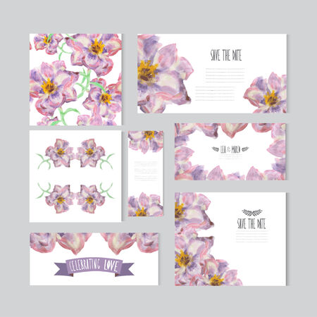 Elegant watercolor floral cards, design elements. Can be used for wedding, baby shower, mothers day, valentines day, birthday cards, invitations, banners, flyers, gift wrap, print, manufacturingのイラスト素材