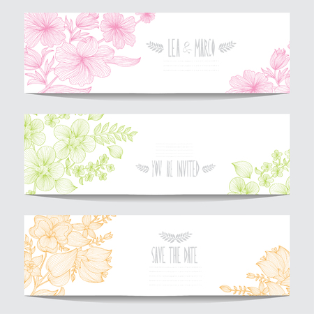 Elegant cards with decorative flowers, design elements. Can be used for wedding, baby shower, mothers day, valentines day, birthday cards, invitations. Floral banners. Vintage decorative flowersのイラスト素材