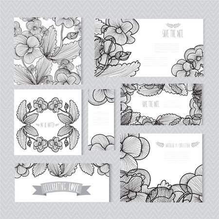 Elegant cards with decorative pansy flowers, design elements. Can be used for wedding, baby shower, mothers day, valentines day, birthday cards, invitations. Vintage decorative flowersのイラスト素材