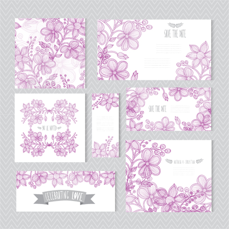 Elegant cards with decorative flowers, design elements. Can be used for wedding, baby shower, mothers day, valentines day, birthday cards, invitations, greetings. Vintage decorative flowers.のイラスト素材