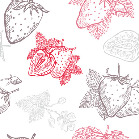 Elegant seamless pattern with hand drawn decorative strawberry fruits, design elements. Can be used for invitations, greeting cards, scrapbooking, print, gift wrap, manufacturing. Food backgroundのイラスト素材