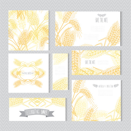 Elegant cards with decorative wheat, design elements. Can be used for wedding, baby shower, mothers day, valentines day, birthday cards, invitations, greetings. Vintage decorative flowers.のイラスト素材