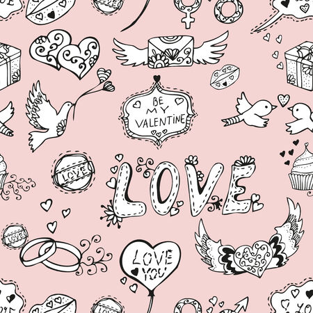 Elegant seamless pattern with hand drawn decorative love symbols, design elements. Can be used for valentines day, wedding invitations, greeting cards, scrapbooking, print, gift wrap, manufacturingのイラスト素材