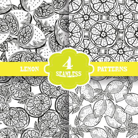 Elegant seamless patterns set with hand drawn decorative lemon fruits, design elements. Can be used for invitations, greeting cards, scrapbooking, print, gift wrap, manufacturing. Food backgroundのイラスト素材