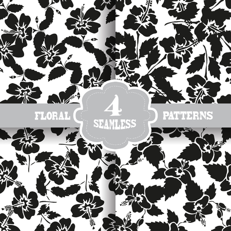 Elegant seamless patterns with hand drawn decorative hibiscus flowers, design elements. Floral pattern for wedding invitations, greeting cards, scrapbooking, print, gift wrap, manufacturing.のイラスト素材