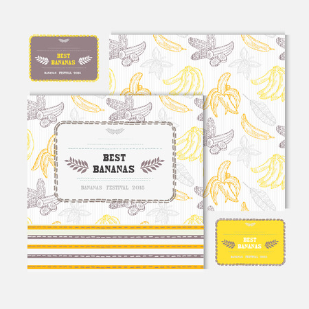Hand drawn decorative fruit cards set with bananas, design elements. Can be used for invitations, gift wrap, print, scrapbooking, flyers, greetings. Food themeのイラスト素材