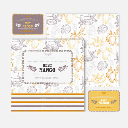 Hand drawn decorative fruit cards set with mango, design elements. Can be used for invitations, gift wrap, print, scrapbooking, flyers, greetings. Food themeのイラスト素材