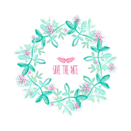 Elegant watercolor floral frame with abstract leaves and flowers, design elements. Can be used for wedding, baby shower, mothers day, valentines day, birthday cards, invitationsのイラスト素材