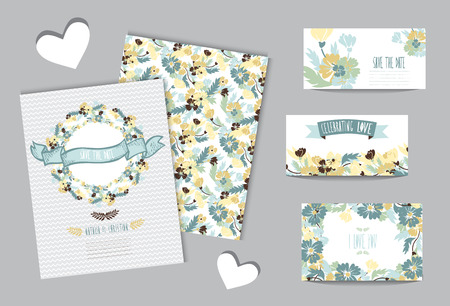 Elegant cards with floral wreath, design elements. Can be used for wedding, baby shower, mothers day, valentines day, birthday cards, invitations. Vintage decorative flowers.のイラスト素材
