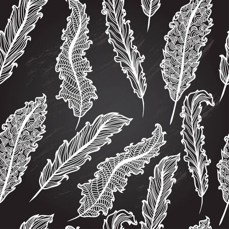 Elegant seamless pattern with decorative feathers, design element. Chalkboard backgroundのイラスト素材