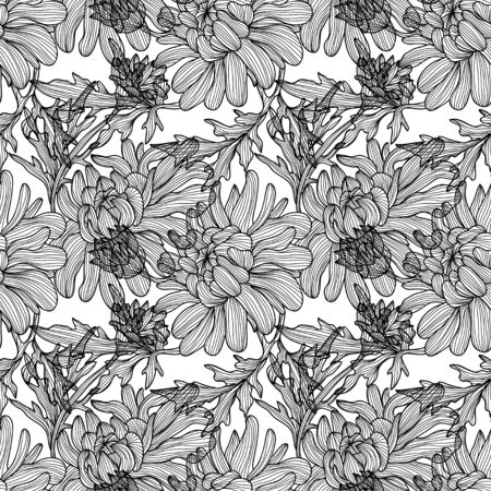 Elegant seamless pattern with hand drawn decorative chrysanthemum flowers, design elements. Floral pattern for wedding invitations, greeting cards, scrapbooking, print, gift wrap, manufacturing.のイラスト素材