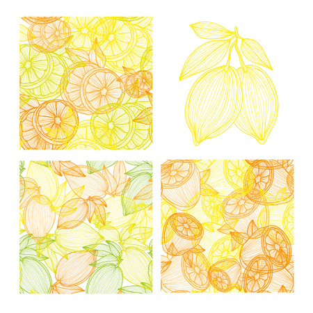 Elegant seamless patterns set with hand drawn decorative lemon fruits, design elementsのイラスト素材