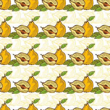 Elegant seamless pattern with hand drawn decorative quince fruits, design elements. Can be used for invitations, greeting cards, scrapbooking, print, gift wrap, manufacturing. Food backgroundのイラスト素材