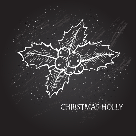 Hand drawn decorative christmas holly, design element. Can be used for cards, invitations, gift wrap, print, scrapbooking. Christmas and New Year background. Chalkboardのイラスト素材