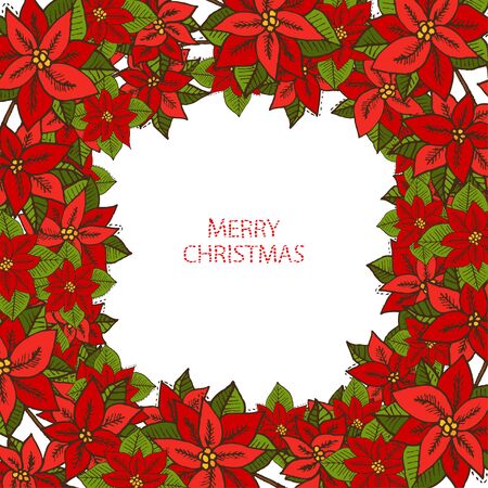 Hand drawn decorative winter holidays card with poinsettia flowers, design element. Can be used for cards, invitations, gift wrap, print, scrapbooking. Christmas and New Year backgroundのイラスト素材