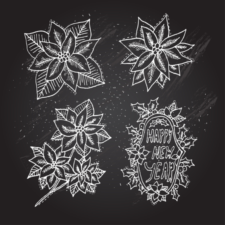 Hand drawn decorative christmas poinsettia flowers set and wreath, design elements. Can be used for cards, invitations, gift wrap, print, scrapbooking. Christmas and New Year chalkboard backgroundのイラスト素材