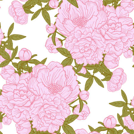 Elegant seamless pattern with hand drawn decorative peony bouquets, design elements. Floral pattern for wedding invitations, greeting cards, scrapbooking, print, gift wrap, manufacturing.のイラスト素材