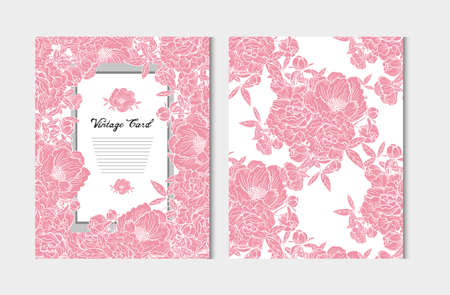 Elegant cards with decorative peony flowers, design elements. Can be used for wedding, baby shower, mothers day, valentines day, birthday cards, invitations, greetings. Vintage decorative flowers.のイラスト素材