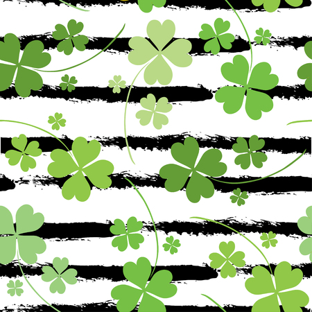 Elegant seamless pattern with hand drawn decorative fourleaf clovers, design elements. Can be used for invitations, greeting cards, scrapbooking, print, gift wrap, manufacturing. Stripe backgroundのイラスト素材