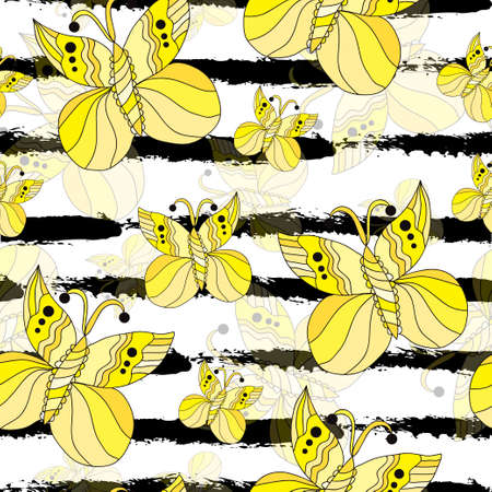 Elegant seamless pattern with hand drawn decorative butterflies, design elements. Can be used for invitations, greeting cards, scrapbooking, print, gift wrap, manufacturing. Stripe backgroundのイラスト素材