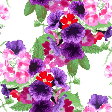 Elegant seamless pattern with verbena and petunia flowers in watercolor style, design elements. Floral pattern for wedding invitations, greeting cards, scrapbooking, print, gift wrap, manufacturingのイラスト素材