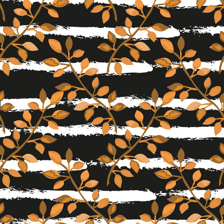 Elegant seamless pattern with hand drawn decorative leaves, design elements. Floral pattern for invitations, greeting cards, scrapbooking, print, gift wrap, manufacturing. Stripe background. Autumnのイラスト素材