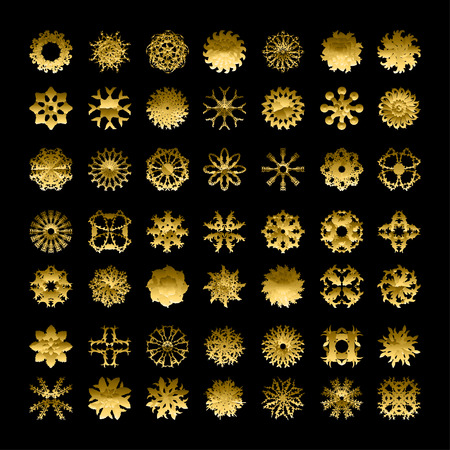 Abstract golden decorative snowflakes set, design elements. Can be used for holiday invitations, greeting cards, scrapbooking, print, gift wrap, manufacturingのイラスト素材