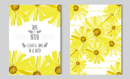 Elegant cards with decorative daisy flowers, design elements. Can be used for wedding, baby shower, mothers day, valentines day, birthday cards, invitations, greetings. Vintage decorative flowers.のイラスト素材